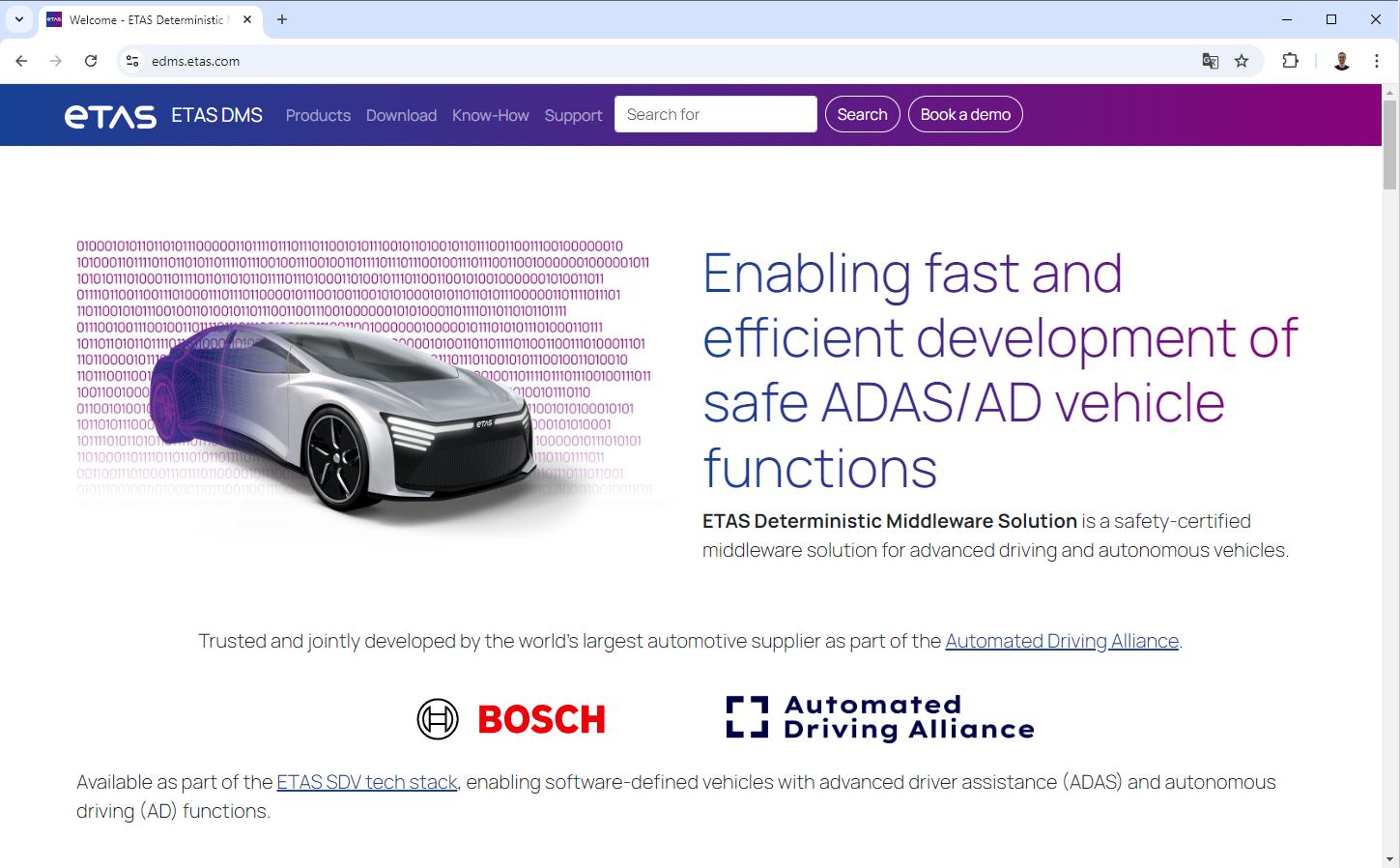 ETAS Deterministic Middleware Solution product website