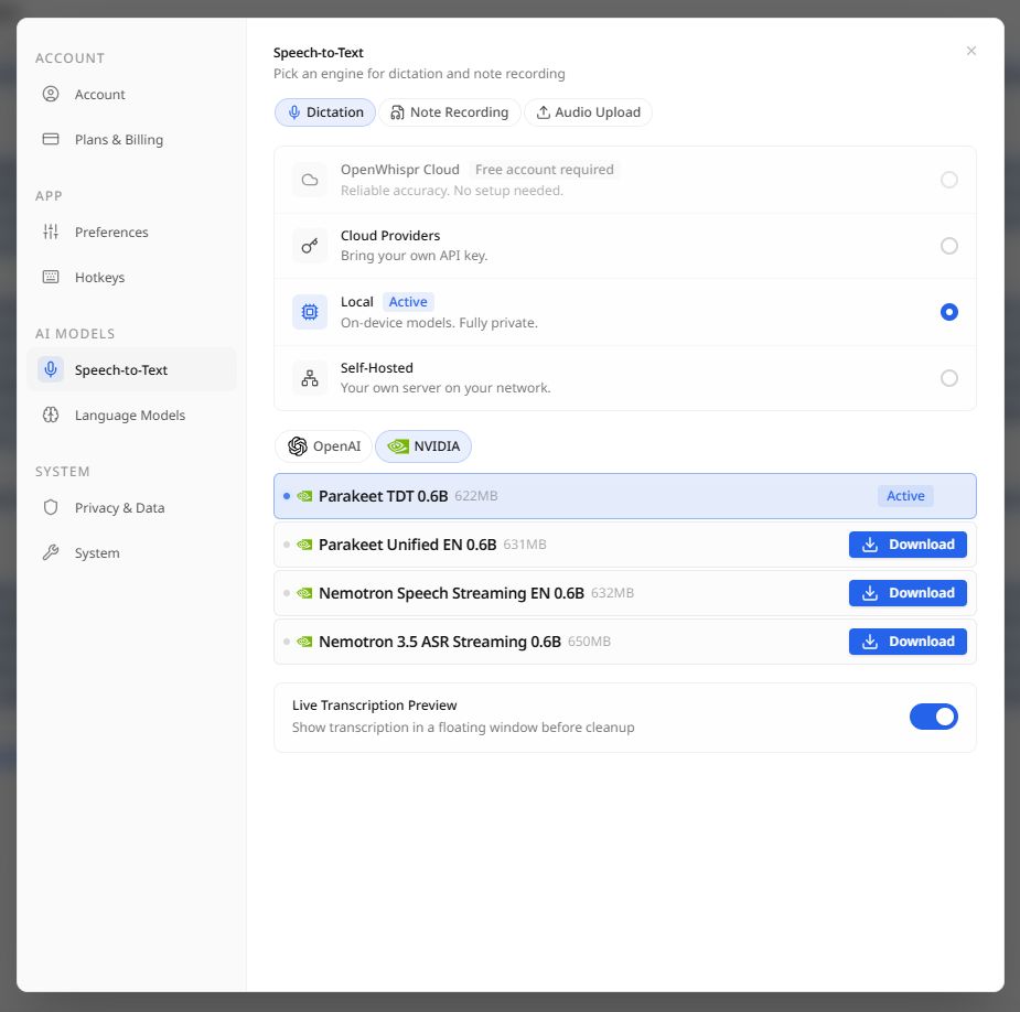 Speech-to-Text configuration with local models